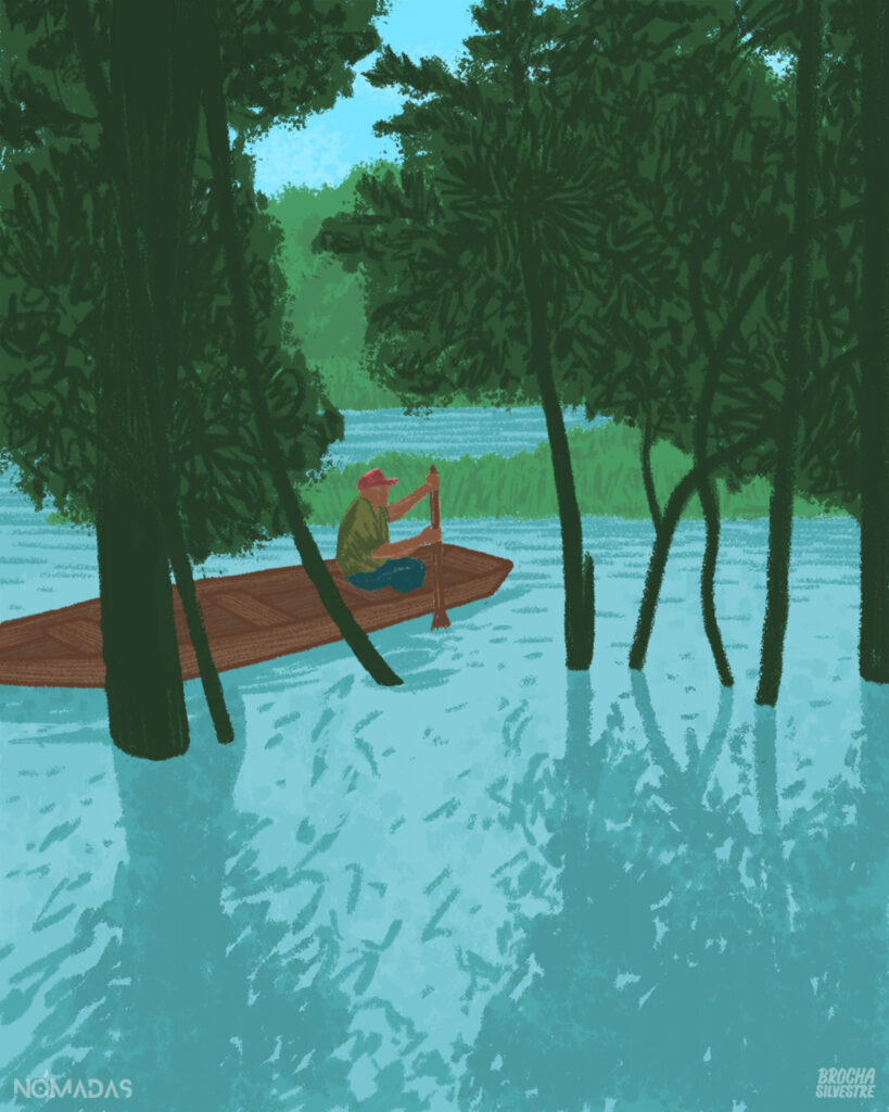 There are places in Santa Cruz, Bolivia, where nature bears witness to ancient stories, such as the one of the man who sails alone or of the rain that, after the rain, never stops falling. In Revista Nómadas, the millenary voices of the indigenous people become six illustrations that tell microchronicles that should never be forgotten.