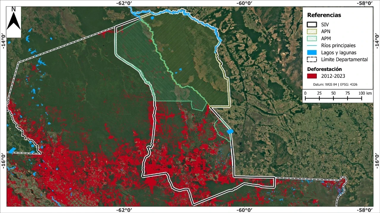 Mapa de la deforestacion reciente en San Ignacio de Velasco. Fuente: elaboración propia en base a mapas de Mapbiomas Bolivia 2025.