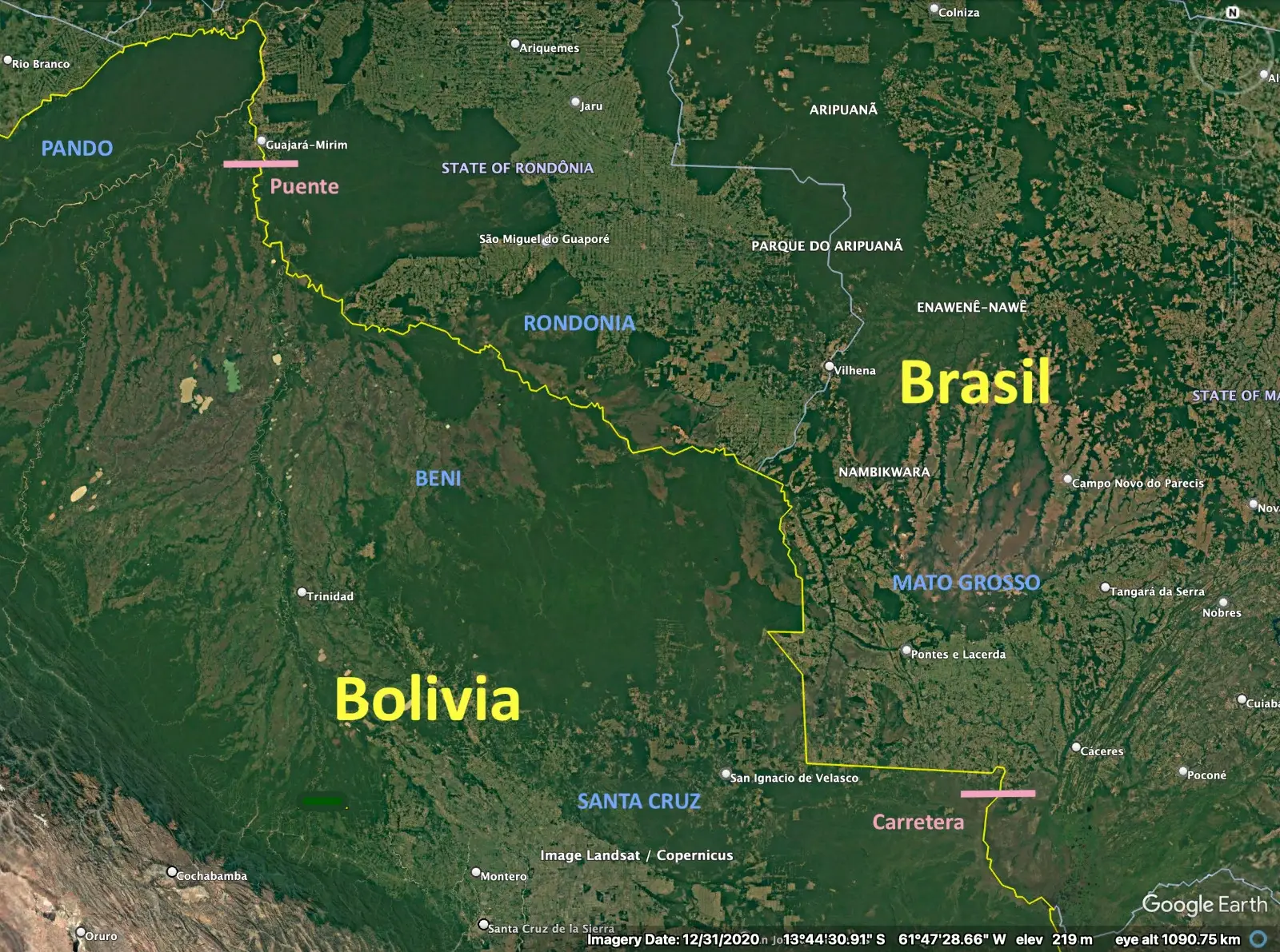 La línea fronteriza divide dos realidades: de un lado, bosque en pie; del otro, la huella extensa de la expansión agropecuaria. Foto: Google Earth Pro.